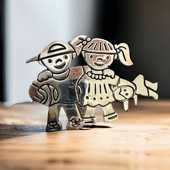 Vintage Mexico Jewelry - Vintage Sterling Silver Mexico Boy & Girl Pin/Brooch Pendant